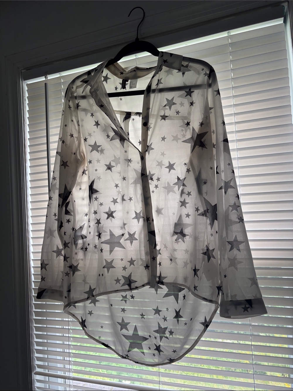 Vintage sheer dead stock Star-Print Button-Up Blouse - White/Gray